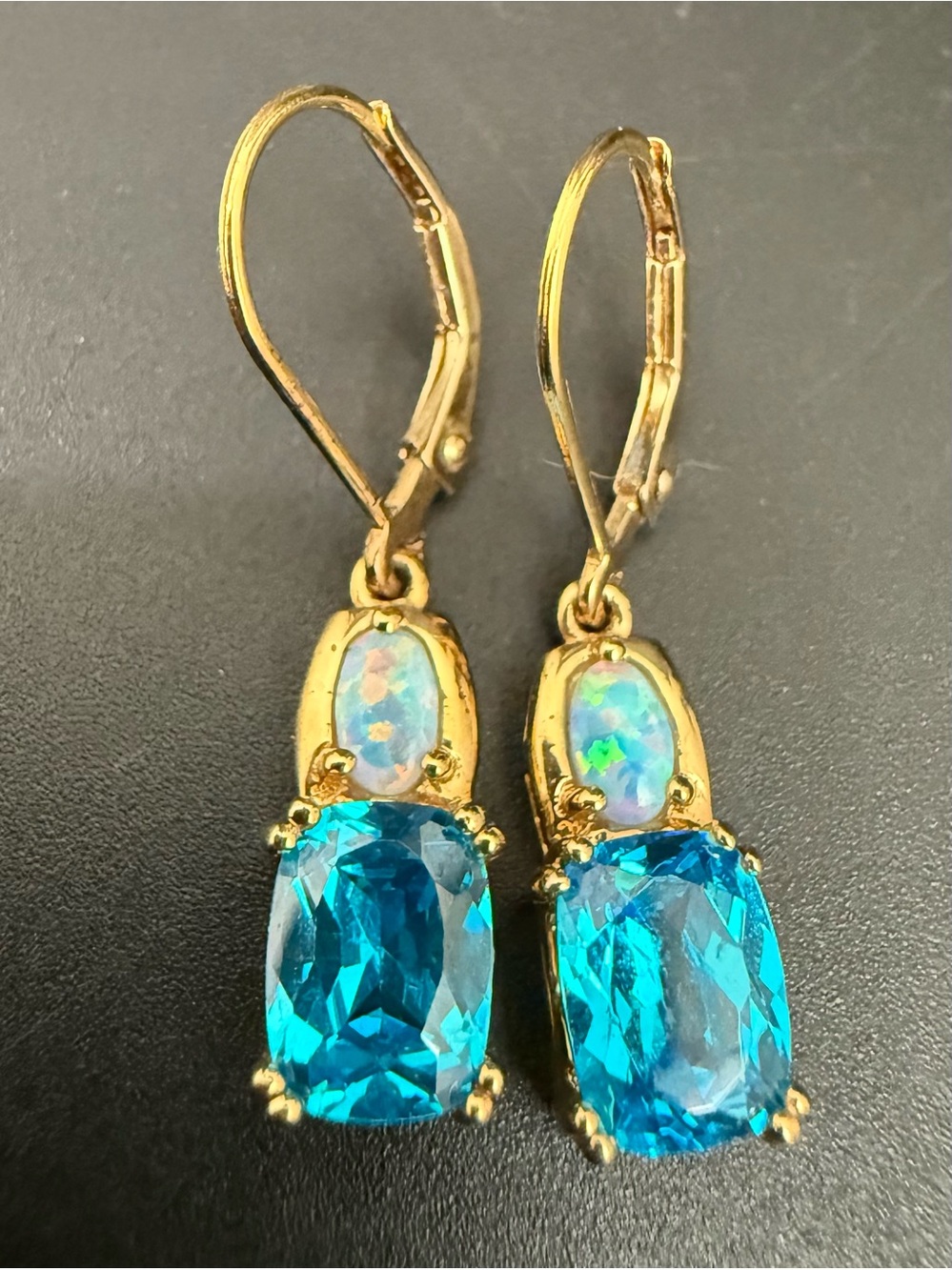 925 Sterling Gold Vermeil Cushion Cut Blue Topaz Gemstone Opal Dangle Earrings